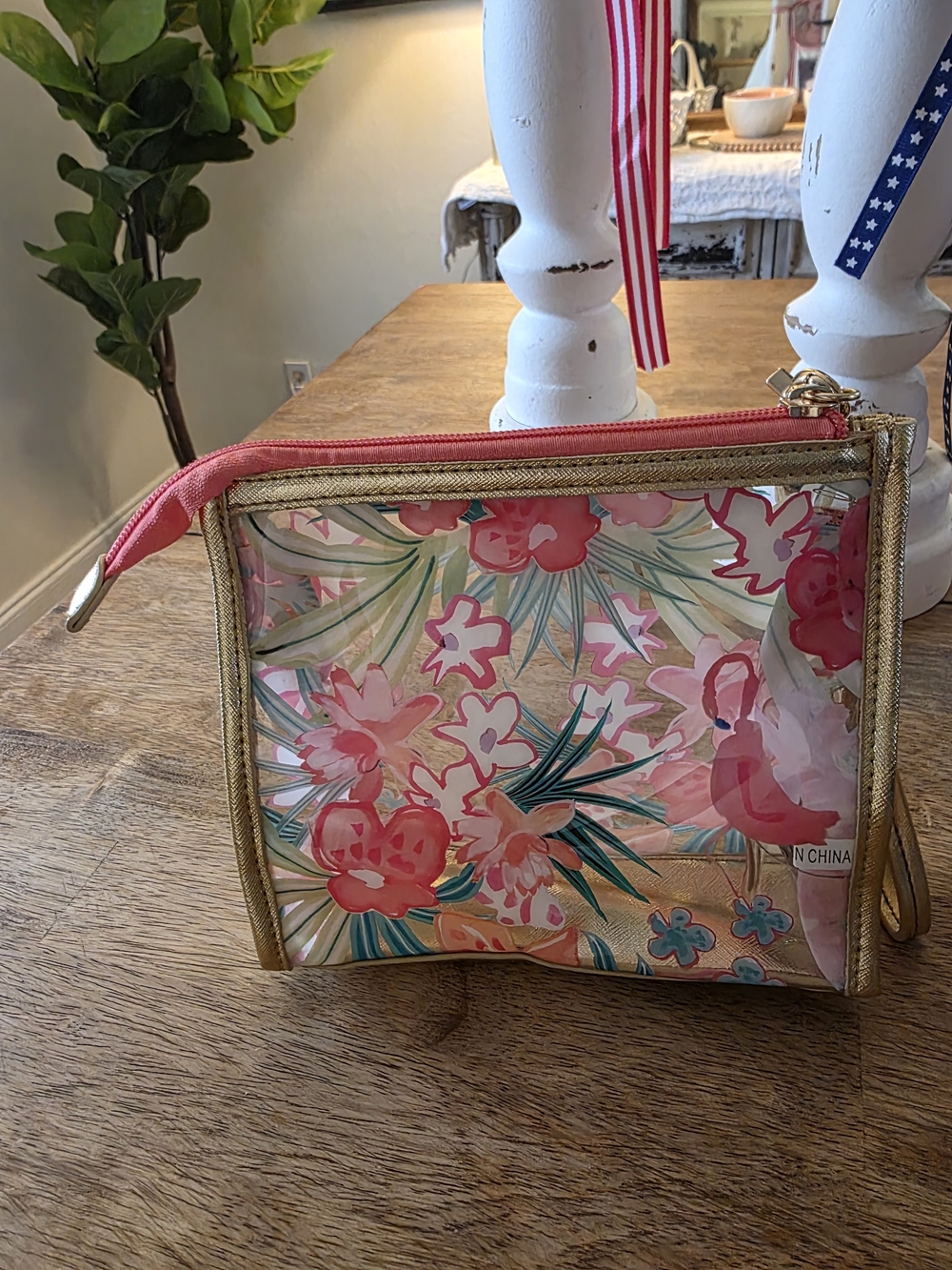Spartina Floral Clear Pouch with Pink Accents